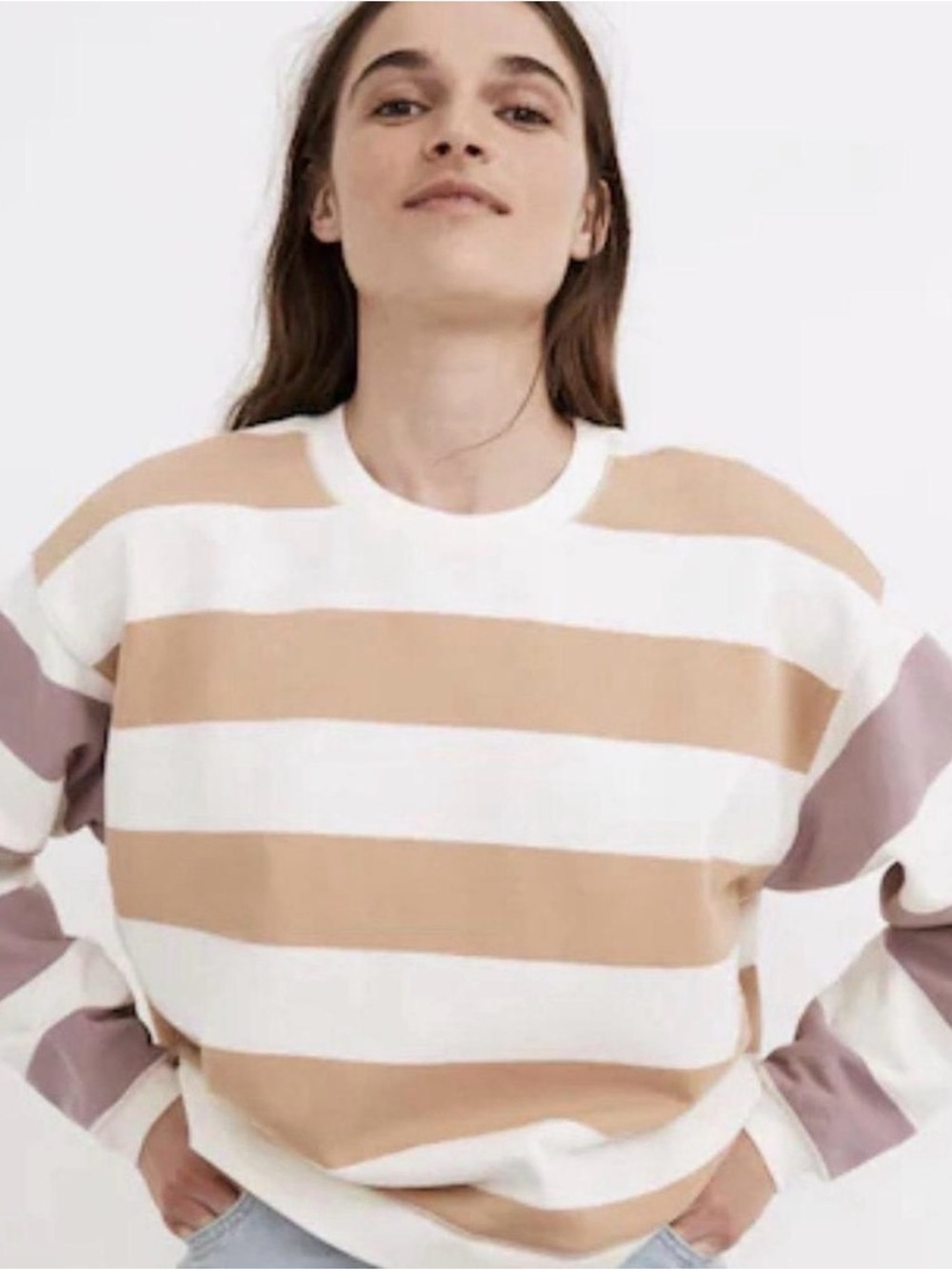 Madewell Women’s Striped Crewneck Sweater in Cream and Tan Size Large